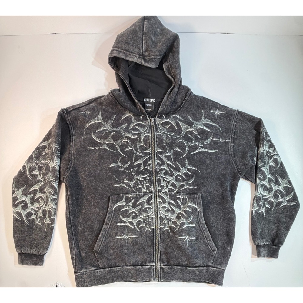 Hot Topic Acid Wash Tribal Graphic Zip Up Hoodie Rhinestone Grey Medium